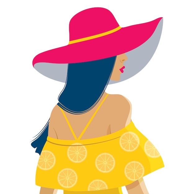 Vector una chica con un sombrero rojo y un vestido amarillo brillante con un patrón de limones fondo blanco vectorial