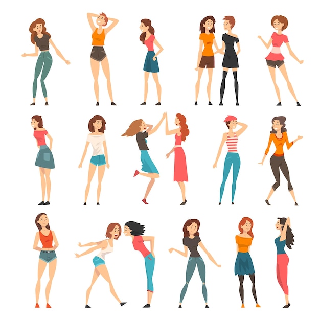 La chica sonriente feliz como mejores amigas pasando tiempo juntas hablando y chismoseando gran conjunto vectorial