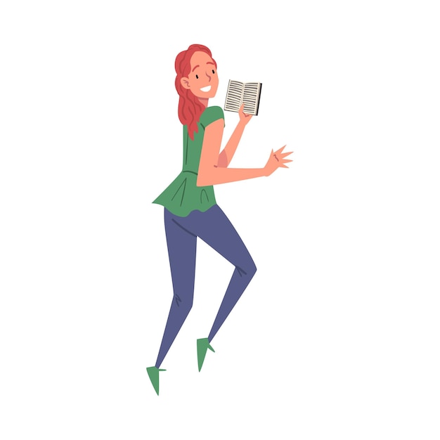 Chica sonriente feliz con un libro Personaje estudiantil estudiando o preparándose para un examen Amante del libro Ilustración vectorial de estilo dibujos animados