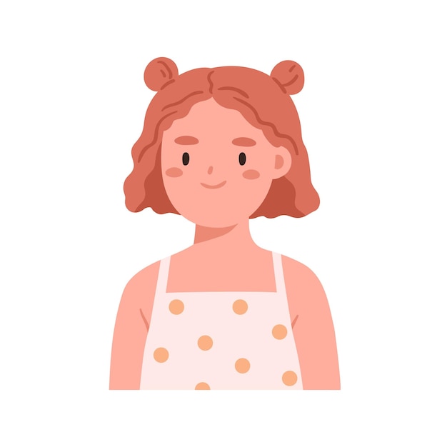 Chica sonriente, retrato de cabeza. Avatar de niño lindo feliz. Adorable niño con corte bob y divertidos moños para el cabello. Cara de colegiala con expresión positiva. Ilustración de vector plano aislado sobre fondo blanco.