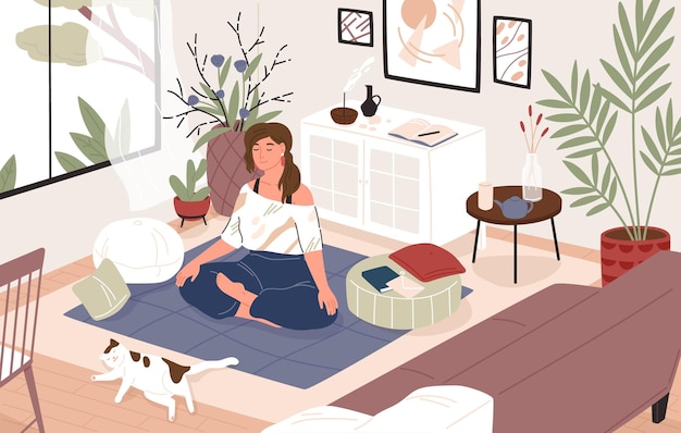 Vector chica sonriente sentada con las piernas cruzadas en su habitación o apartamento, practicando yoga y disfrutando de la meditación. mujer joven con piernas cruzadas y ojos cerrados meditando en casa. ilustración de vector de dibujos animados plana.