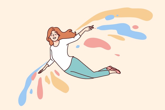 Chica sonriente volando en alas de colores