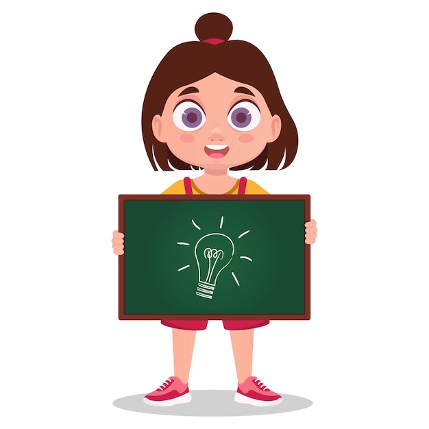 Chica sosteniendo un cartel, una idea, una bombilla. ilustración vectorial