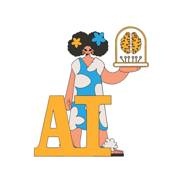 Chica sosteniendo cerebro AI. arte vectorial.