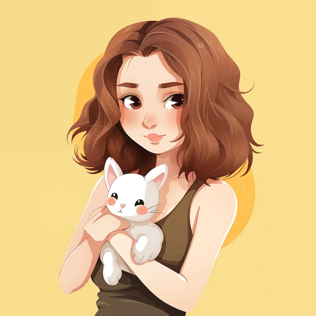 La chica está sosteniendo un gato sobre un fondo amarillo