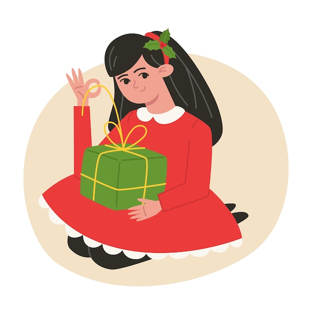 Chica sosteniendo una ilustración de regalo de Navidad en estilo plano