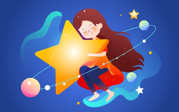 Chica sosteniendo una ilustración de vector de cielo estrellado día mundial del autismo estrella