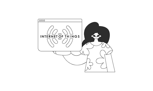 Chica sosteniendo la ilustración de vector lineal del logotipo de IoT