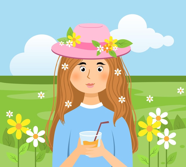 Chica sosteniendo jugo y parada frente al fondo de las flores.