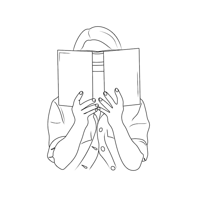Chica sosteniendo un libro abierto Mujer leyendo Arte de línea Concepto de educación de lectura Ilustración vectorial