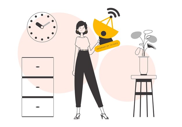 Chica sosteniendo el logotipo de IOT en sus manos Estilo moderno lineal Ilustración vectorial