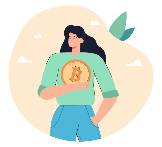 Chica sosteniendo moneda bitcoin en manos ilustración vectorial plana