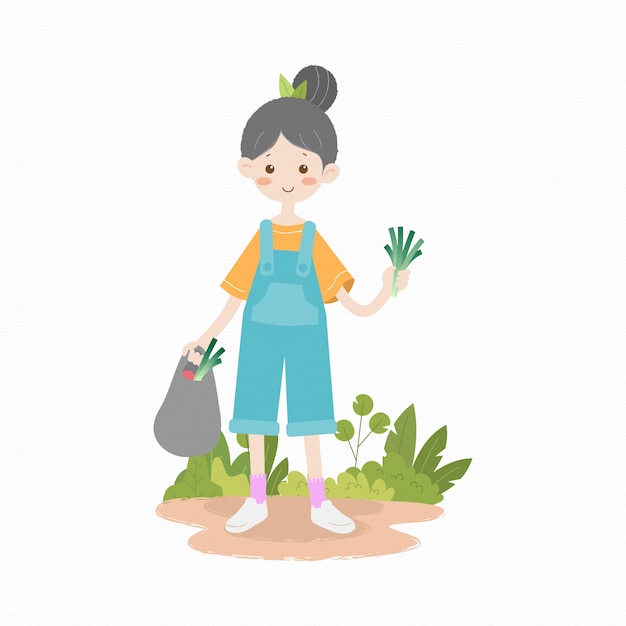 Vector chica sosteniendo puerro con bolsa compras supermercado niños ilustración simple
