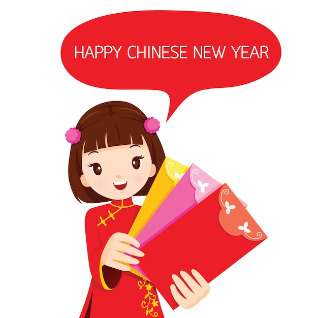 Vector chica sosteniendo sobres, celebración tradicional, china, feliz año nuevo chino