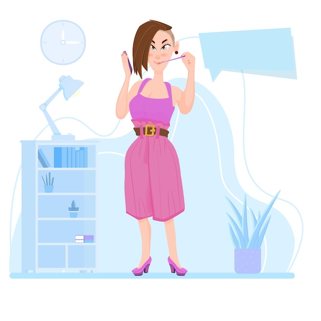 Chica sosteniendo un teléfono inteligente en sus manos, en el interior, personaje de dibujos animados - estilo plano.