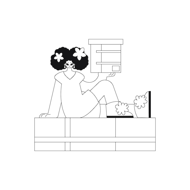 La chica sostiene la caja en las manos. Entregando un paquete. Estilo largo y delgado. Ilustración vectorial.