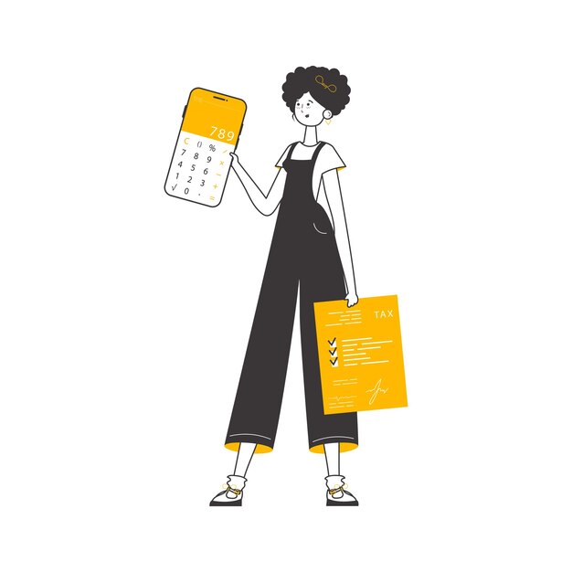 La chica sostiene una calculadora y un formulario de impuestos en sus manos Lineart estilo de moda Ilustración vectorial aislada