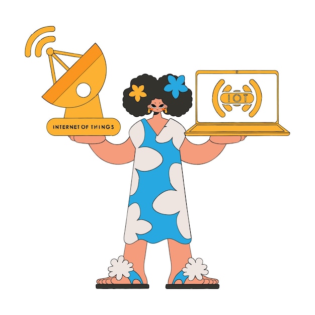 Chica sostiene una computadora portátil y una antena parabólica para conectividad IoT.