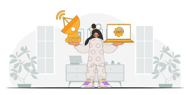 Chica sostiene computadora portátil y antena parabólica estilo vector moderno, para IoT.