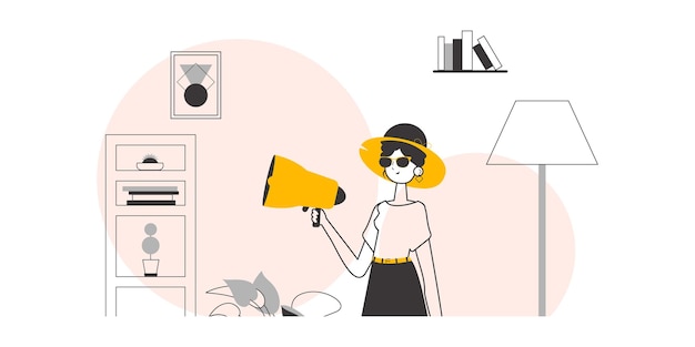 La chica sostiene un cuerno en sus manos Ilustración vectorial de estilo lineal de moda