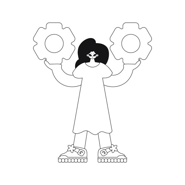 La chica sostiene los engranajes en las manos. Ilustración lineal en vector.