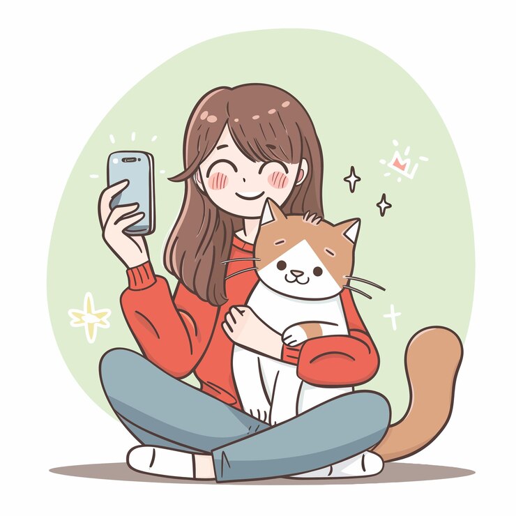 Vector una chica sostiene un gato y un gato está mirando su teléfono