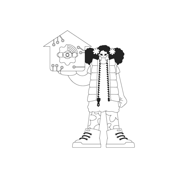 Chica sostiene el logo de Internet de las cosas en diseño vectorial lineal