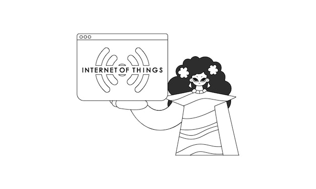 Chica sostiene el logotipo de IoT en forma lineal vectorial