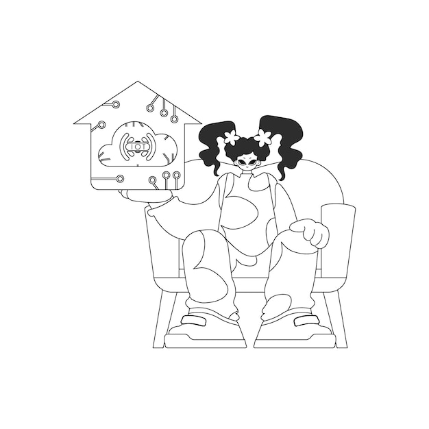 Chica sostiene el logotipo de IoT en formato vectorial lineal