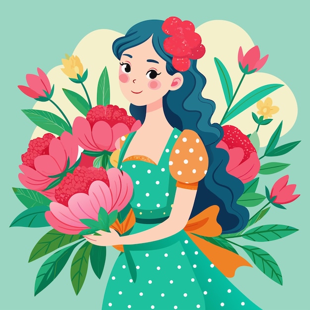 Vector una chica sostiene un ramo de flores las flores son rosas y la chica lleva un vestido azul día de la mujer