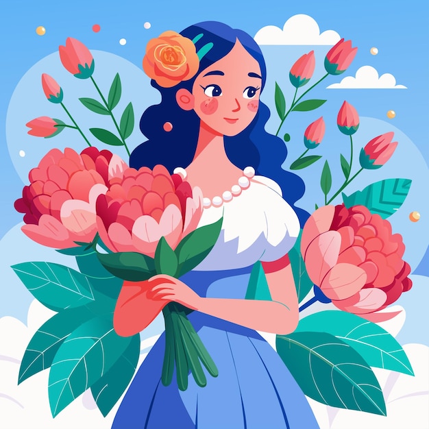 Una chica sostiene un ramo de flores las flores son rosas y la chica lleva un vestido azul día de la mujer