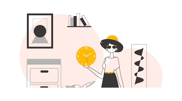 La chica sostiene un reloj en sus manos concepto de gestión del tiempo estilo lineal de moda ilustración vectorial