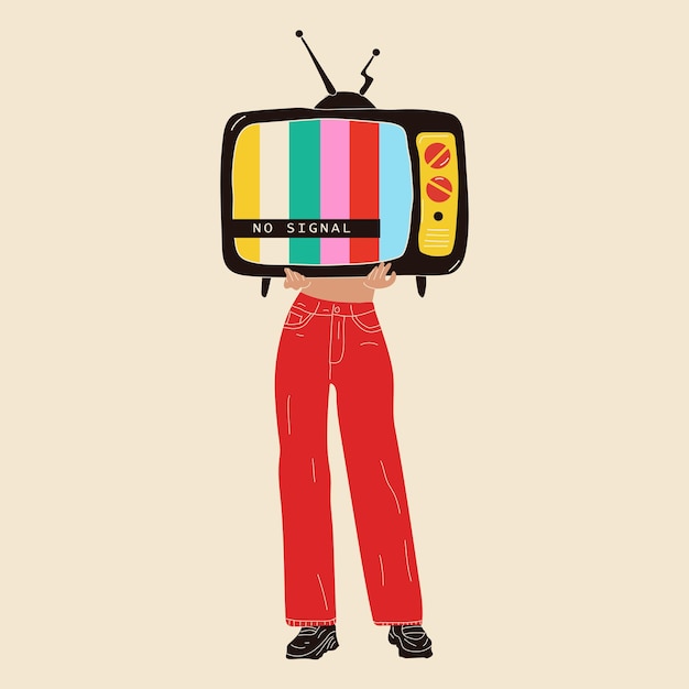 La chica sostiene un viejo televisor en sus manos. Estilo de moda retro de los años 80. Ilustraciones vectoriales