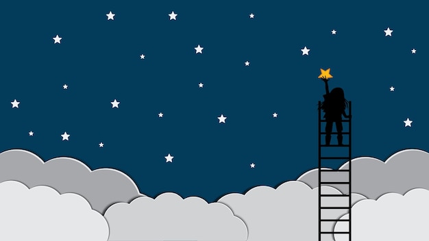 chica subiendo las escaleras agarrando las estrellas en el cielo. ilustración vectorial