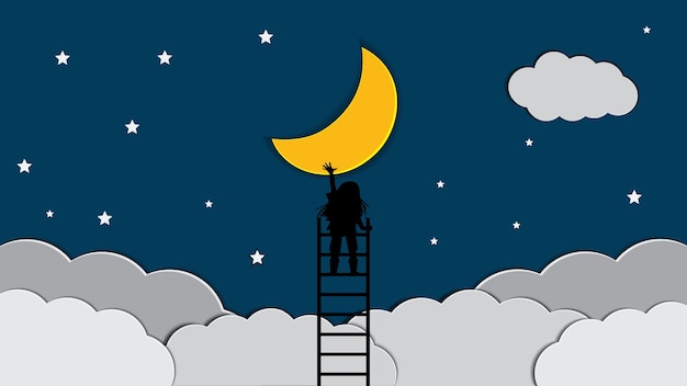 Chica subiendo las escaleras agarrando la luna en el cielo. ilustración vectorial