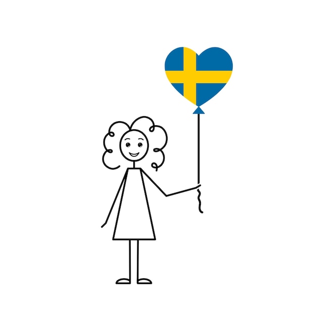 La chica sueca ama suecia esboza a una chica con un globo en forma de corazón ilustración vectorial de línea negra