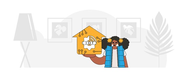 Chica en el suelo sostiene el vector del logotipo de Internet of Things, estilo moderno.