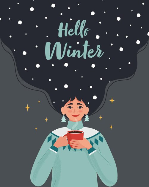 Chica en suéter caliente con taza caliente y con nieve en su pelo Plantilla de diseño vectorial