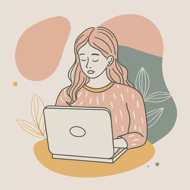 una chica con un suéter se sienta en una silla con una computadora portátil frente a un árbol