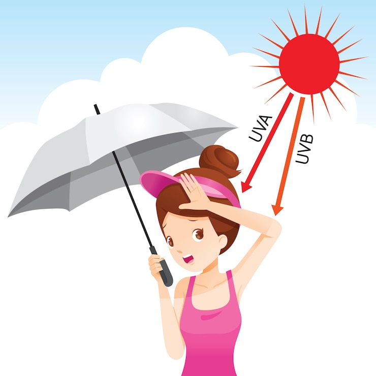 Vector chica sujetando paraguas para proteger la luz del sol