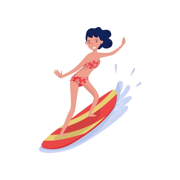 Chica de surf montando ola con vector de dibujos animados de deporte acuático extremo tabla de surf ilustración sobre un fondo blanco