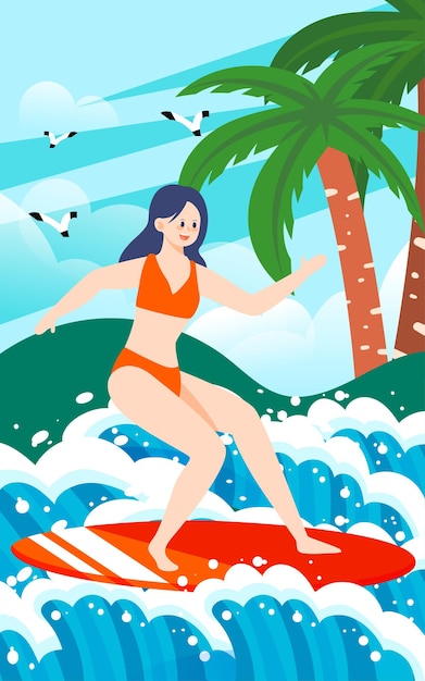 Chica surfeando en traje de baño en ilustración vectorial de verano