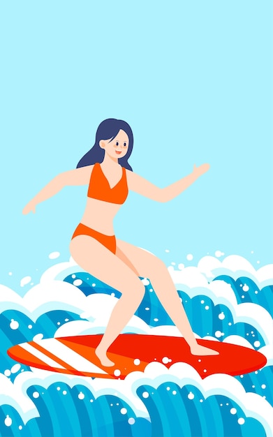 Chica surfeando en traje de baño en ilustración vectorial de verano