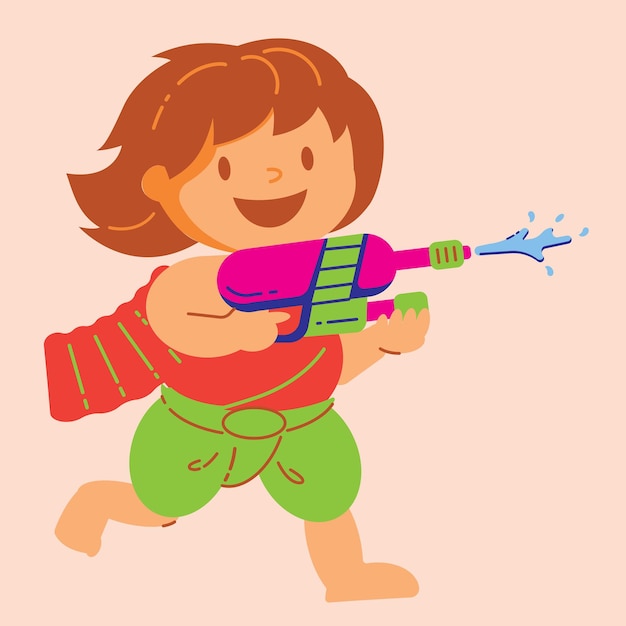 Vector chica tailandesa en traje tradicional salpicando agua con pistola de agua