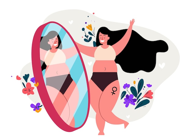 Vector chica de talla grande se mira a sí misma en una ilustración de vector de concepto de aceptación y amor del cuerpo del espejo