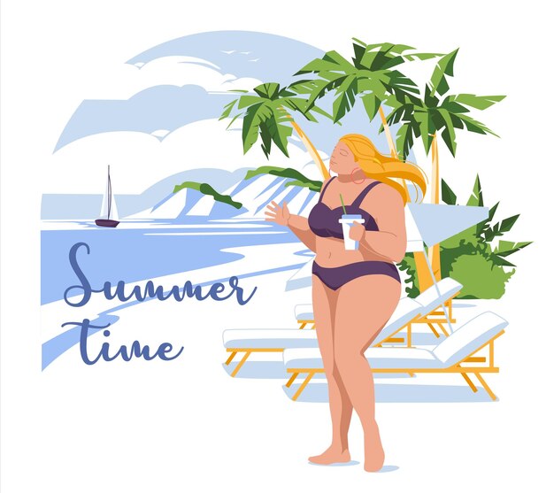 Vector chica de talla grande de pie en una playa tropical ideas para vacaciones y recreación ilustración de vector plano