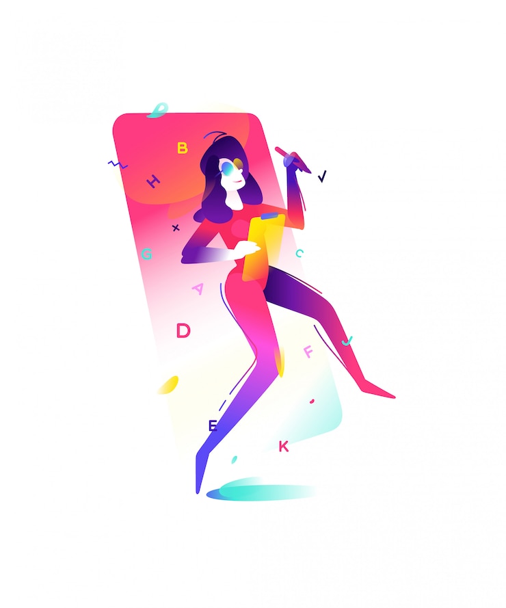 Vector chica en un teléfono inteligente de fondo
