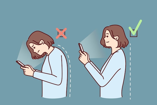 Chica con teléfono móvil demuestra una postura correcta e incorrecta mientras usa aplicaciones