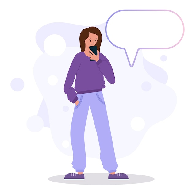 Chica con un teléfono móvil Ilustración vectorial en un personaje de estilo plano para diseño