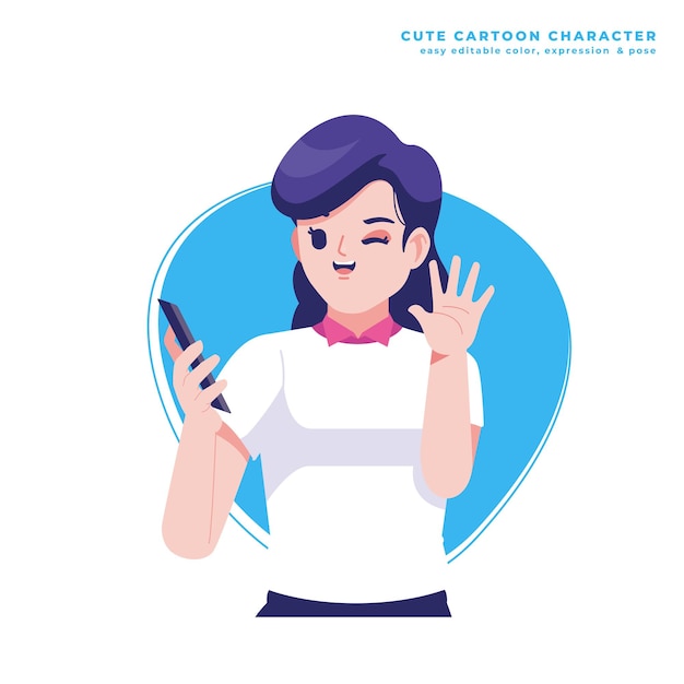 chica con teléfono personaje de dibujos animados lindo